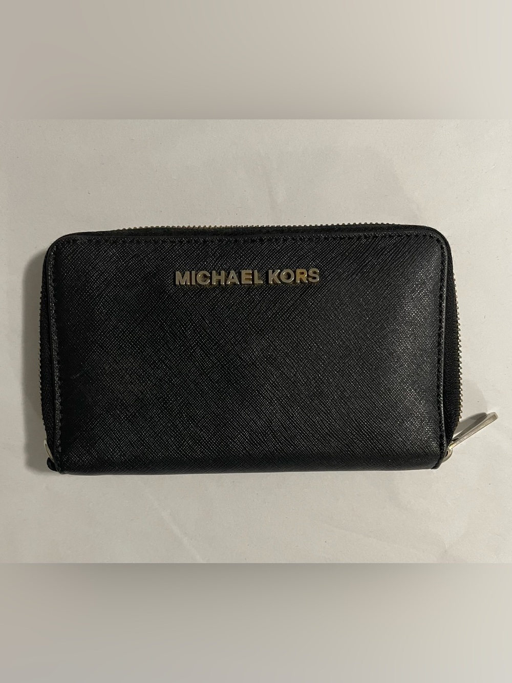 Michael Kors Black Saffiano-Textured Leather Zip Around Wallet w Gold Tone Logo